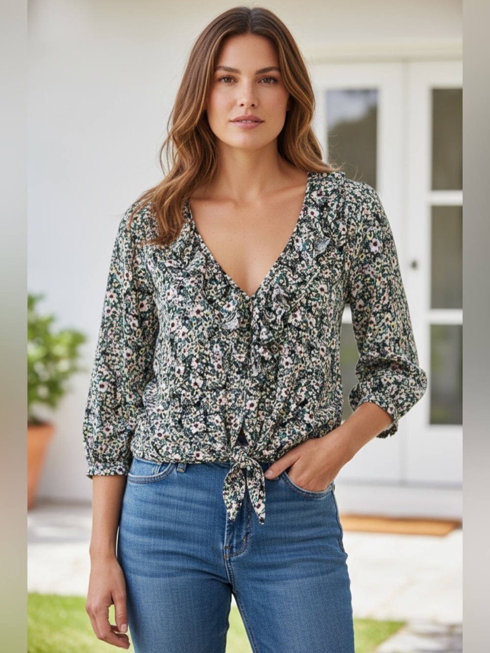 I N. Studio Green Floral Ruffle Tie-Front Blouse